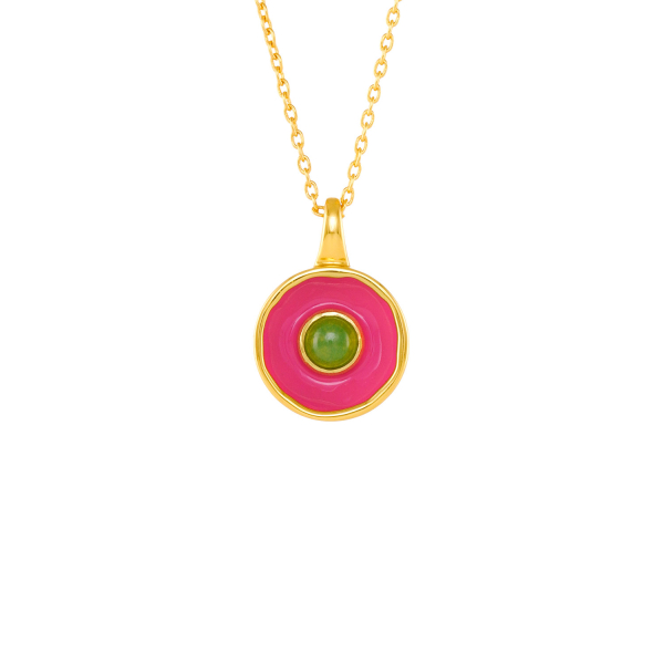 Necklace made from brass, goldplated, enamel, lightgreen quarz
